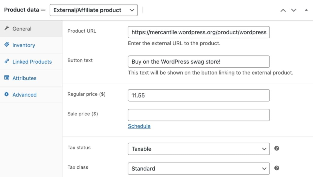 adding an external/affiliate product in WooCommerce