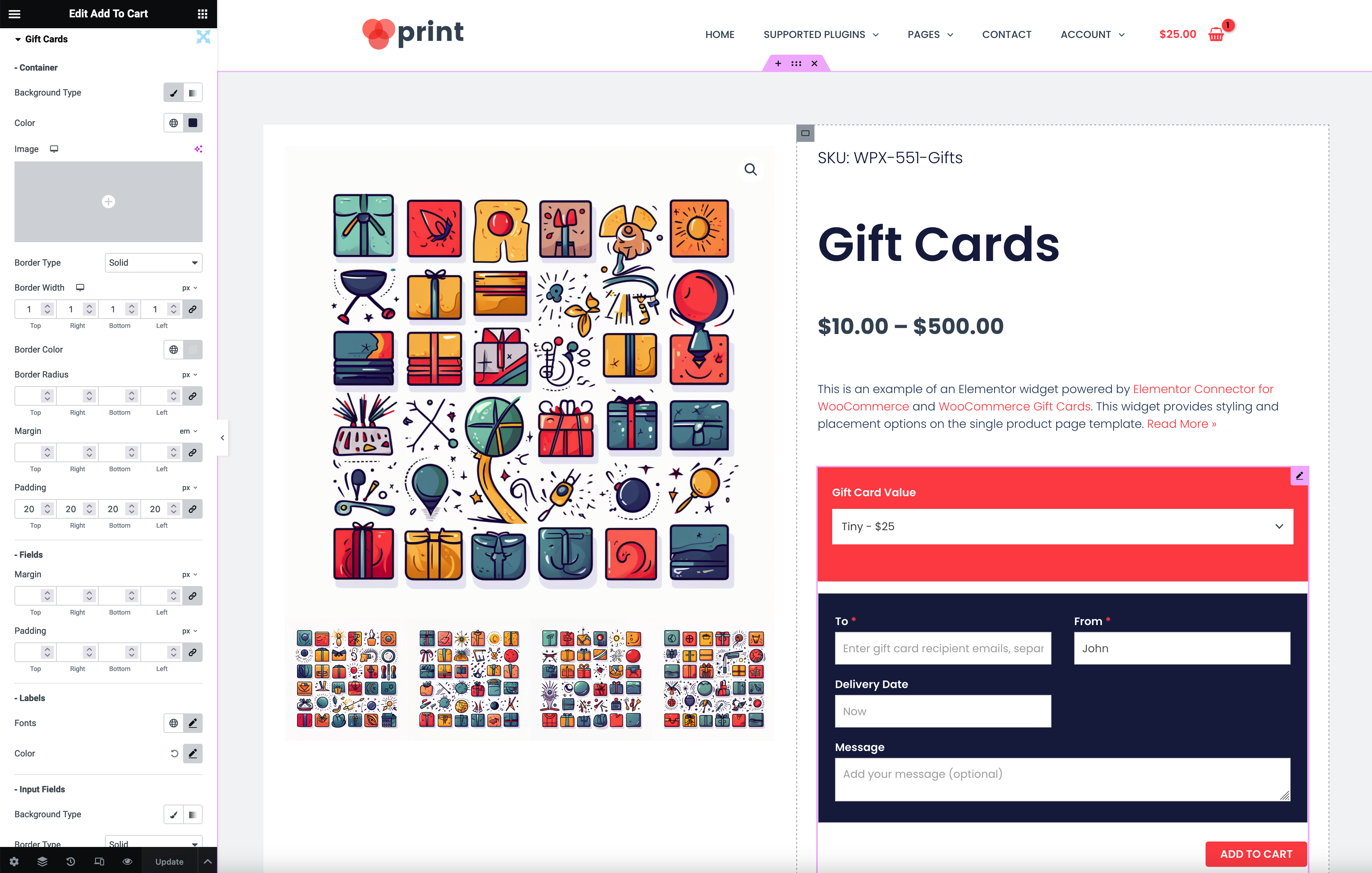 WooCommerce Gift Cards - Elementor Connector Widget Preview