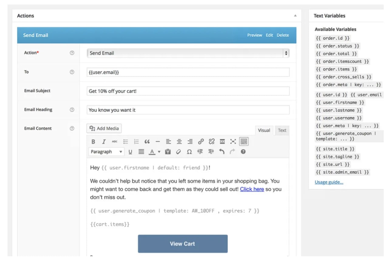 creating an email with AutomateWoo