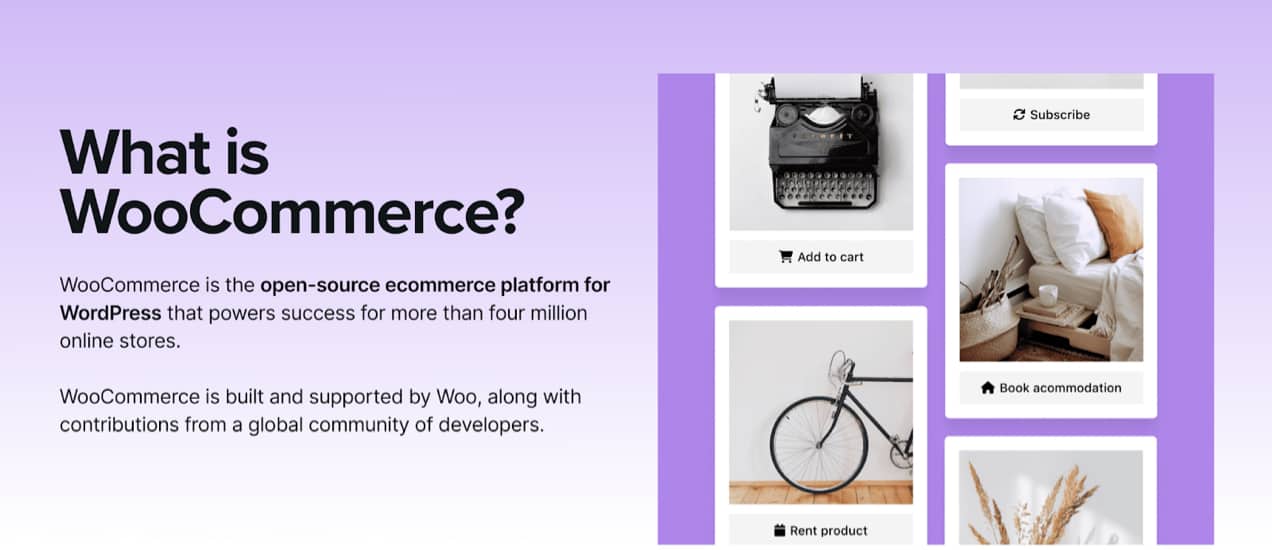 landing page titled "What is WooCommerce" with info about the tool