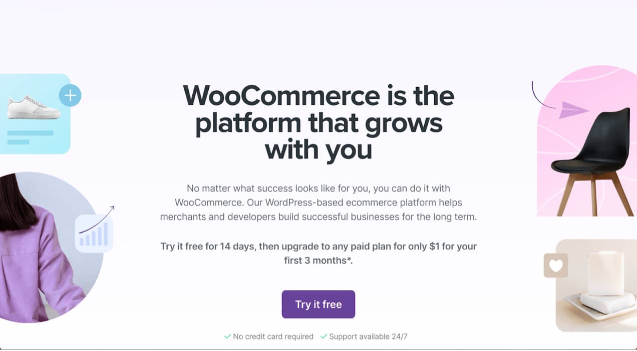 WooCommerce website that says "WooCommerce is the platform that grows with you"