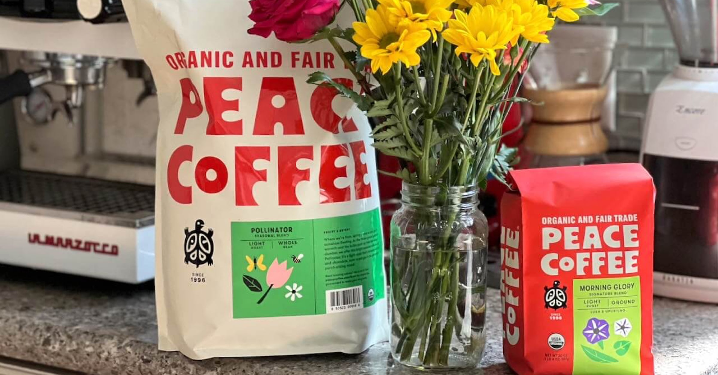 Peace Coffee items on a counter