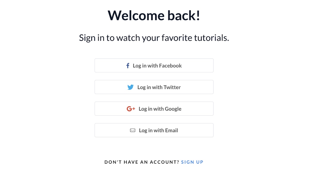 single signup with options for Google, email, Facebook, and Twitter